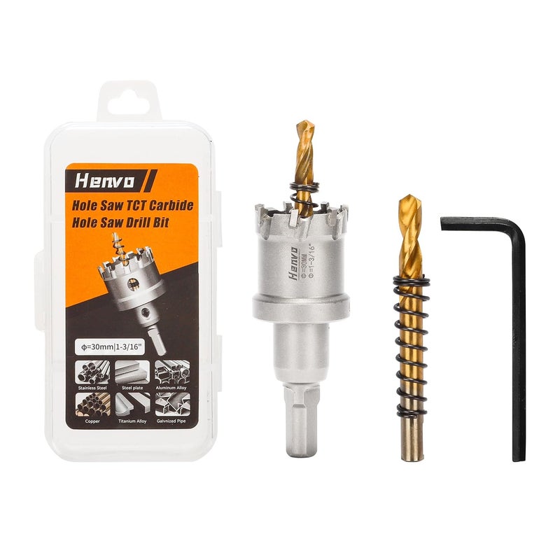 Henvo Hole Saw 1-3/16" (30mm) Heavy Duty Carbide with 2 Pilot Drill Bits - Metal Hole Cutter Cuts Stainless Steel, Iron, Copper, Brass, Plastic - Image 1
